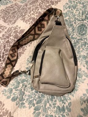 Neutral Gray Crossbody Sling Bag with Patterned Strap